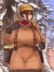 Rule 34 | 1girl, basket, beanie, breasts, bright pupils, brown hair, chichi8181, commentary request, cowboy shot, double-parted bangs, forest, gloves, hair between eyes, hat, highres, huge breasts, long hair, nature, original, outdoors, parted lips, pink lips, red eyes, sidelocks, snow, solo, standing, sweater, takanashi akiho (chichi8181), turtleneck, turtleneck sweater, white pupils, winter clothes