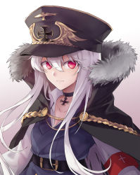 Rule 34 | 1girl, absurdres, armband, cape, choker, commentary, cross, emblem, girls&#039; frontline, hat, highres, iron cross, kar98k (girls&#039; frontline), military, military hat, military uniform, peaked cap, red eyes, solo, suprii, uniform, white hair
