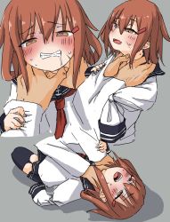 Rule 34 | amputee, blue sailor collar, blue skirt, brown hair, commentary request, double amputee, facial scar, fang, grey background, hair ornament, hairclip, hands on another&#039;s neck, heart, heart-shaped pupils, highres, ikazuchi (kancolle), kantai collection, long hair, long sleeves, multiple persona, pleated skirt, po0000000000, sailor collar, saliva, scar, scar on cheek, scar on face, school uniform, serafuku, skin fang, skirt, strangling, sweat, sweatdrop, symbol-shaped pupils