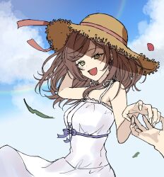 Rule 34 | 1boy, 1girl, :d, arm behind head, arm up, bad hands, bare arms, bare shoulders, blue sky, blush, breasts, brown hair, brown headwear, character request, cloud, cloudy sky, commentary request, day, dress, green eyes, hat, highres, long hair, looking at viewer, medium breasts, mtkignsn, open mouth, outdoors, rainbow, rosa (tears of themis), sky, sleeveless, sleeveless dress, smile, straw hat, tears of themis, unfinished, white dress