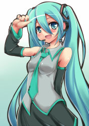 Rule 34 | 1girl, arm up, blush, detached sleeves, green eyes, green hair, hatsune miku, headset, long hair, matching hair/eyes, mitsuru (madeinore), necktie, open mouth, skirt, solo, twintails, very long hair, vocaloid