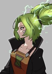 Rule 34 | 1girl, bandaid, bandaid on face, coat, electricity, green hair, highres, league of legends, leoliolao, looking to the side, short twintails, twintails, zeri (league of legends)