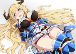 Rule 34 | 10s, 1girl, armor, armored boots, arms behind back, bdsm, blonde hair, blue eyes, blue ribbon, blue thighhighs, blush, bondage, boots, bound, breasts, crotch rope, draph, gotyou, granblue fantasy, highres, horn ornament, horn ribbon, horns, large breasts, long hair, looking at viewer, lying, miniskirt, on back, panties, pink panties, pleated skirt, pointy ears, razia, ribbon, shibari, shibari over clothes, skirt, solo, thighhighs, underwear, very long hair, white skirt