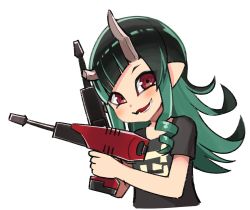 Rule 34 | 1girl, nanashi inc., black hair, black shirt, blue hair, blush, demon girl, demon horns, drill, flat chest, highres, holding, horns, kyousei leica, long hair, looking at viewer, multicolored hair, open mouth, pointy ears, power drill, power tool, red eyes, shirt, shishio chris, simple background, smile, solo, sugar lyric, two-tone hair, upper body, virtual youtuber, white background