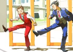 Rule 34 | 2boys, :d, ace attorney, antenna hair, apollo justice, black footwear, black hair, black socks, blue jacket, blue pants, blue suit, blue vest, blush, bracelet, brown footwear, brown hair, clenched hands, closed eyes, collared shirt, facing another, facing viewer, formal, green necktie, grin, hands up, jacket, jewelry, lapel chain, lapel pin, lapels, leg up, long sleeves, male focus, multiple boys, necktie, open mouth, outdoors, pants, phoenix wright, pink necktie, pose request, profile, red pants, red suit, red vest, rocoya1, shirt, short hair, sleeves rolled up, smile, socks, spiked hair, standing, standing on one leg, suit, three-piece suit, vest, white shirt