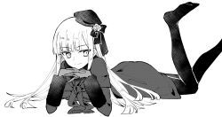 Rule 34 | 1girl, coat, commentary request, fate (series), flower, gloves, hat, highres, long hair, lord el-melloi ii case files, lying, monochrome, nayu tundora, on stomach, pantyhose, reines el-melloi archisorte, rose, smile, solo, tilted headwear, white background