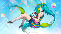 Rule 34 | 1girl, absurdly long hair, alternate hairstyle, anniversary, aqua eyes, aqua hair, artist name, artist request, bare legs, bare shoulders, black footwear, black gloves, black skirt, blue eyes, blue hair, blue shirt, blunt bangs, bracelet, catch the wave (vocaloid), collared dress, crop top, cube, dress, female focus, floating, floating object, frilled skirt, frills, full body, gloves, green hair, hair ornament, hairclip, half gloves, handheld game console, hatsune miku, heart, heart tattoo, highres, holding, holding handheld game console, jewelry, kunknee, layered dress, layered skirt, leg warmers, long hair, long twintails, looking at viewer, looking back, midriff, multicolored clothes, multicolored hair, multicolored skirt, navel, nintendo switch, parted lips, partially fingerless gloves, shirt, shoes, skirt, sleeveless, sleeveless dress, smile, solo, spiked bracelet, spiked hair ornament, spikes, star (symbol), tattoo, twintails, very long hair, vocaloid, white dress, white legwear, wing collar, wrist cuffs, wristband