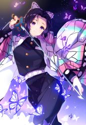 Rule 34 | 1girl, absurdres, animal, belt, belt buckle, black jacket, black pants, blush, breasts, buckle, bug, butterfly, butterfly hair ornament, closed mouth, commentary request, forehead, goroo (eneosu), hair ornament, hand up, highres, holding, holding sword, holding weapon, insect, jacket, japanese clothes, katana, kimetsu no yaiba, kochou shinobu, long sleeves, medium breasts, open clothes, pants, parted bangs, purple eyes, purple hair, sidelocks, smile, solo, sword, weapon, white belt, wide sleeves