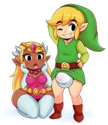 Rule 34 | 1boy, 1girl, absurdres, blonde hair, bulge, colored skin, highres, link, mato spectoru, nintendo, one eye closed, penis awe, princess zelda, tetra, the legend of zelda, the legend of zelda: the wind waker, thick thighs, thighs, white skin, wide hips, wink