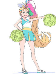 Rule 34 | 1girl, :d, akinbo (hyouka fuyou), blonde hair, bow, brown eyes, cheerleader, collarbone, cure summer, dress, earrings, floating hair, full body, gradient hair, hair bow, hand on own hip, high ponytail, holding, jewelry, long hair, multicolored hair, open mouth, pink hair, pleated dress, pom pom (cheerleading), precure, short dress, side ponytail, simple background, sleeveless, sleeveless dress, smile, solo, standing, streaked hair, tropical-rouge! precure, very long hair, white background, white bow, white footwear