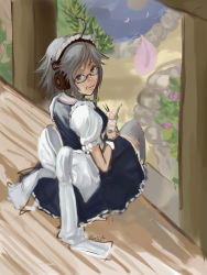 Rule 34 | 1girl, :q, absurdres, ahoge, apron, bespectacled, bow, female focus, food, food on face, from above, from behind, glasses, grado labs, headphones, highres, ice cream, izayoi sakuya, looking back, looking up, maid, maid apron, maid headdress, panties (pantsu-pirate), petals, pond, short sleeves, signature, sitting, sketch, solo, tongue, tongue out, touhou