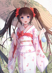 Rule 34 | 1girl, :d, bad id, bad pixiv id, black hair, blue eyes, bow, byakuya reki, hair bow, hair ribbon, holding, japanese clothes, kimono, long hair, looking at viewer, md5 mismatch, oil-paper umbrella, open mouth, original, pixiv fantasia, pixiv fantasia t, ribbon, smile, solo, twintails, umbrella, very long hair, water balloon