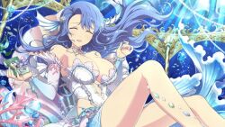 Rule 34 | 1girl, ^ ^, air bubble, blue hair, breasts, bubble, butterflyfish, cleavage, closed eyes, coral, detached sleeves, dress, fins, fish, jellyfish, jewelry, large breasts, long hair, nachi (senran kagura), necklace, official art, open mouth, pearl necklace, pendant, pillar, school of fish, seashell, seaweed, senran kagura, senran kagura new link, senran kagura new wave, shell, solo, submerged, swimming, swimsuit, treasure chest, tropical fish, underwater, yaegashi nan