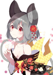 Rule 34 | 1girl, :3, absurdres, ametama (runarunaruta5656), animal ear fluff, animal ears, bare shoulders, black kimono, blush, breasts, closed mouth, collarbone, commentary request, floral background, floral print, flower, grey hair, hair between eyes, hair flower, hair ornament, hand up, highres, japanese clothes, kimono, long sleeves, looking at viewer, mouse ears, mouse girl, mouse tail, nazrin, off shoulder, print kimono, red eyes, red flower, red rose, rose, short hair, small breasts, solo, tail, thick eyebrows, touhou, v, white background, wide sleeves