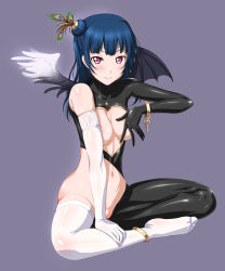 Rule 34 | 10s, 1girl, anklet, asymmetrical clothes, asymmetrical wings, bat wings, blue hair, bracelet, breasts, convenient censoring, crossed legs, feather hair ornament, feathers, feet, hair ornament, highres, jewelry, long hair, looking at viewer, love live!, love live! sunshine!!, navel, no shoes, purple eyes, revealing clothes, shiny skin, simple background, single thighhigh, smile, solo, thighhighs, tsushima yoshiko, wings, zundarepon