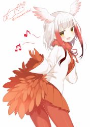 Rule 34 | 10s, 1girl, :d, artist name, bad singing, beamed semiquavers, bird tail, blunt bangs, cowboy shot, dated, dot nose, drawstring, eyelashes, frilled sleeves, frills, from behind, from side, gradient hair, hand on own chest, head wings, highres, japanese crested ibis (kemono friends), jitome, kemono friends, long sleeves, looking at viewer, looking back, muku (muku-coffee), multicolored hair, music, musical note, open hand, open mouth, pantyhose, pleated skirt, quaver, red pantyhose, red skirt, shirt, short hair, short hair with long locks, sidelocks, signature, simple background, singing, skirt, smile, solo, tail, twitter username, two-tone hair, white background, white hair, white shirt, white sleeves, wings, yellow eyes