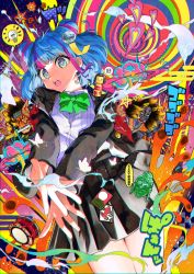 Rule 34 | 1girl, black jacket, black skirt, blue hair, bow, bowtie, bug, butterfly, double bun, explosion, green bow, hair bun, heart, heart-shaped pupils, highres, insect, jacket, multicolored hair, open mouth, original, pink hair, pleated skirt, rainys bill, shirt, short hair, skirt, smoke, solo, standing, streaked hair, symbol-shaped pupils, white shirt