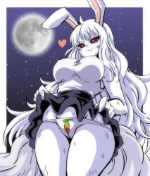 Rule 34 | 1girl, @ @, animal ears, animal nose, cameltoe, carrot (one piece), cleft of venus, clothes lift, flashing, full moon, furry, furry female, highres, legs together, lewdamone, long hair, moon, one piece, rabbit ears, rabbit girl, rabbit tail, red eyes, skirt, sky, solo, star (sky), starry sky, sulong form, underwear, very long hair, white hair