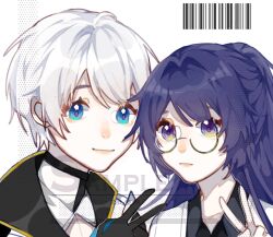 Rule 34 | 1boy, 1girl, blue eyes, chinese commentary, close-up, collared shirt, couple, glasses, hair between eyes, hand up, honkai (series), honkai impact 3rd, kevin kaslana, light smile, looking at viewer, mei (honkai impact), ponytail, purple eyes, purple hair, sample watermark, scan, shirt, simple background, v, watermark, white background, white hair