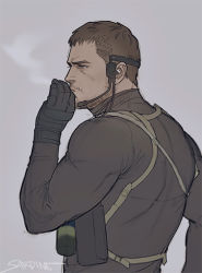 Rule 34 | 1boy, back, beard, black gloves, brown hair, chris redfield, facial hair, from side, gloves, long sleeves, male focus, mature male, muscular, muscular male, resident evil, sardine (kjr0313), shirt, short hair, sideburns, smoke, smoking, solo, stubble, thick eyebrows, tight clothes, tight shirt, upper body