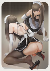 Rule 34 | 1boy, absurdres, ass, black footwear, black thighhighs, blue eyes, brown hair, chastity cage, cock ring, elbow gloves, gloves, high heels, highres, kneeling, lifting own clothes, long hair, maid, maid headdress, no panties, sex toy, simple background, solo, steamed egg, testicles, thighhighs, trap, white gloves