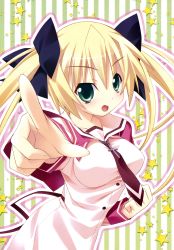 Rule 34 | 1girl, absurdres, blonde hair, clenched hand, cross, dress, green eyes, hair ribbon, highres, jewelry, kannagi rei, long hair, misa brigitta cristelis, necklace, necktie, open mouth, pointing, ribbon, sailor dress, school uniform, solo, star (symbol), striped, striped background, twinkle crusaders, twintails