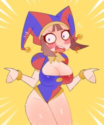Rule 34 | 1girl, alternate breast size, blue eyes, blush, blush stickers, breasts, brown hair, cleavage, cleavage cutout, clothing cutout, hat, hat bell, highres, jester, jester cap, large breasts, leotard, multicolored clothes, multicolored hat, multicolored leotard, noxtwice, pomni (the amazing digital circus), red eyes, shiny skin, solo, striped clothes, striped headwear, sweat, the amazing digital circus, two-tone eyes, vertical-striped clothes, vertical-striped headwear