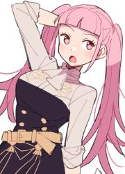 Rule 34 | 1girl, arm up, ascot, belt, blunt bangs, blush, breasts, buttons, do m kaeru, female focus, fire emblem, fire emblem: three houses, garreg mach monastery uniform, hand in own hair, hilda valentine goneril, long hair, looking at viewer, matching hair/eyes, medium breasts, nintendo, open mouth, pink eyes, pink hair, simple background, sleeves rolled up, solo, twintails, uniform, very long hair, white ascot, white background, yellow belt