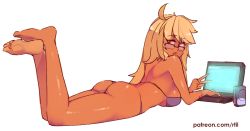 Rule 34 | 1girl, ahoge, alma armas, at computer, barefoot, beer can, bikini, blonde hair, breasts, brown eyes, can, cleavage, computer, crossed ankles, curvy, dark-skinned female, dark skin, drink can, feet up, full body, glasses, huge ahoge, laptop, large breasts, legs up, long hair, looking at viewer, looking back, lying, on stomach, open mouth, purple bikini, rtil, sideboob, simple background, soles, solo, strap gap, swimsuit, thighs, thong bikini, toes, underboob, v, va-11 hall-a, very long hair, white background
