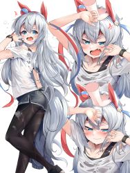 Rule 34 | 1girl, absurdres, anger vein, animal ears, annoyed, bare shoulders, black pantyhose, black sports bra, blue eyes, ear covers, embarrassed, grey hair, headpat, highres, holding, holding clothes, holding jacket, horse ears, horse girl, horse tail, jacket, long hair, nekozane ryo, pantyhose, see-through, shirt, shorts, simple background, smartwatch, solo, sports bra, sweat, tail, tamamo cross (umamusume), umamusume, very long hair, watch, white shirt, wristwatch