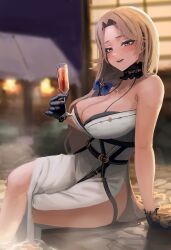 Rule 34 | 1girl, absurdres, bare shoulders, black gloves, black kimono, blonde hair, blue ribbon, blurry, blush, breasts, cleavage, cocktail glass, collarbone, crossed legs, cup, depth of field, drinking glass, gloves, goddess of victory: nikke, hair ribbon, highres, holding, japanese clothes, kimono, large breasts, long hair, looking at viewer, ludmilla (nikke), ludmilla (winter owner) (nikke), official alternate costume, onsen, orange eyes, parted bangs, parted lips, ribbon, s3t, sitting, solo, two-tone kimono, white kimono