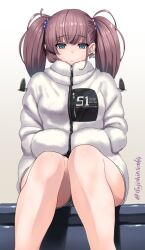 Rule 34 | 1girl, atlanta (kancolle), brown hair, closed mouth, clothes writing, earrings, feet out of frame, grey eyes, hands in pockets, ifuji shinsen, jacket, jewelry, kantai collection, long hair, long sleeves, single earring, sitting, solo, star (symbol), star earrings, twitter username, two side up, white jacket