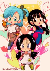 Rule 34 | &gt;:o, 3girls, :d, annoyed, bad id, bad twitter id, black gloves, black hair, blue eyes, blue hair, blush, boots, bulma, chi-chi (dragon ball), chibi, chinese clothes, clenched hands, denim, dragon ball, dragon ball (classic), dragonball z, eyelashes, eyes visible through hair, fighting stance, fingerless gloves, floating hair, frown, full body, gloves, hand on own hip, heart, heart background, highres, index finger raised, jeans, leg up, looking away, motunabe707070, multiple girls, open mouth, orange gloves, pants, shirt, short hair, side ponytail, smile, sparkle, sparkle background, torn clothes, torn jeans, torn pants, twintails, twitter username, v-shaped eyebrows, videl, white shirt, wristband