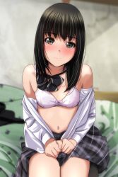Rule 34 | 1girl, absurdres, black hair, blurry, blurry background, blush, bow, bow bra, bra, breasts, brown eyes, closed mouth, depth of field, grey skirt, head tilt, heart, heart bra, heart print, highres, long sleeves, looking at viewer, matsunaga kouyou, navel, nose blush, off shoulder, open clothes, open shirt, original, plaid, plaid skirt, print bra, shirt, sitting, skirt, small breasts, solo, underwear, wavy mouth, white bra, white shirt
