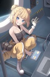 1girl absurdres bare_shoulders black_shirt blonde_hair blue_eyes bow breasts cleavage collarbone computer crop_top double_bun gloves grin hair_bow hair_bun hair_ornament hairclip highres holding holding_wrench hololive hololive_english laptop looking_at_viewer medium_breasts midriff mole mole_on_breast navel official_alternate_costume ok_sign shirt single_glove smile solo space spacecraft_interior spacesuit squatting tablet_pc virtual_youtuber watson_amelia watson_amelia_(astronaut) wrench zeolch