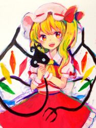 Rule 34 | 1girl, ascot, blonde hair, cowboy shot, crystal wings, flandre scarlet, hat, hat ribbon, laevatein (touhou), mob cap, mozukuzu (manukedori), open mouth, red eyes, red ribbon, ribbon, side ponytail, simple background, solo, touhou, white background, white hat, wrist cuffs, yellow ascot