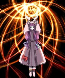 Rule 34 | 1girl, arms up, blue ribbon, crescent, crescent hair ornament, danmaku, dress, female focus, fire, hair ornament, hirosato, long hair, magic, patchouli knowledge, purple eyes, purple hair, red ribbon, ribbon, simple background, solo, striped clothes, striped dress, touhou, vertical stripes