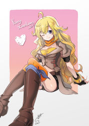 Rule 34 | 1girl, ahoge, arm support, belt, black gloves, black shorts, blonde hair, breasts, brown footwear, brown jacket, buttons, character name, fingerless gloves, gloves, hair between eyes, highres, jacket, knees together feet apart, long hair, medium breasts, midriff, one eye closed, orange scarf, puffy short sleeves, puffy sleeves, purple eyes, rwby, scarf, shirt, short sleeves, shorts, simple background, sitting, smile, solo, sumomo, very long hair, waist cape, wavy hair, yang xiao long, yellow shirt