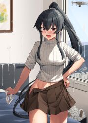 Rule 34 | 1girl, absurdres, bed, black hair, blush, breasts, brown skirt, drawing (object), drone, groin, hair between eyes, hair over breasts, highres, holding, holding clothes, holding panties, holding underwear, ichikawa feesu, kantai collection, large breasts, long hair, navel, open mouth, panties, partially undressed, pleated skirt, ponytail, red eyes, ribbed sweater, short sleeves, sidelocks, skirt, solo, suggestive fluid, sweater, textless version, underwear, unworn panties, used tissue, very long hair, white sweater, window, yahagi (kancolle)