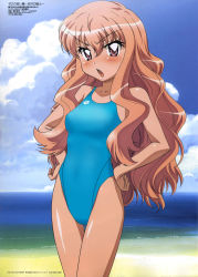 Rule 34 | &gt;:o, 00s, 1girl, :o, angry, arena (company), beach, blue one-piece swimsuit, blush, bow, breasts, cloud, competition swimsuit, day, flat chest, fujii masahiro, hair between eyes, hands on own hips, highres, long hair, looking at viewer, louise francoise le blanc de la valliere, ocean, one-piece swimsuit, open mouth, outdoors, pink eyes, pink hair, scan, shiny skin, skinny, sky, small breasts, solo, swimsuit, tan, thigh gap, third-party edit, v-shaped eyebrows, very long hair, water, wavy hair, zero no tsukaima, zero no tsukaima: futatsuki no kishi