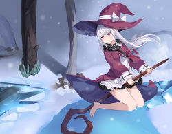 Rule 34 | 1girl, absurdres, barefoot, celite, dress, floating hair, hat, highres, holding, long hair, long sleeves, looking away, parted lips, purple dress, purple hat, red eyes, revived witch, solo, staff, staff riding, thighs, white hair, witch, witch hat