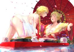 Rule 34 | 2girls, ahoge, all fours, alternate costume, artoria pendragon (all), artoria pendragon (fate), ass, bento, blonde hair, braid, breasts, cherry blossoms, covered erect nipples, cup, eefec, closed eyes, fate/grand order, fate (series), fish, floral print, flower, food, food in mouth, fruit, goldfish, hair bun, highres, japanese clothes, jeanne d&#039;arc (fate), jeanne d&#039;arc (ruler) (fate), kimono, medium breasts, multiple girls, nipples, oil-paper umbrella, open mouth, panties, petals, purple eyes, saber (fate), see-through, shared food, single hair bun, strawberry, umbrella, underwear, wet, wet clothes, yuri
