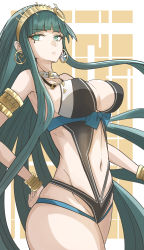 Rule 34 | 1girl, absurdres, bare shoulders, bracelet, breasts, cleavage, cleopatra (fate), closed mouth, collar, commentary request, cowboy shot, earrings, fate/grand order, fate (series), gin moku, green eyes, green hair, hairband, highleg, highleg swimsuit, highres, hoop earrings, jewelry, large breasts, long hair, looking at viewer, looking to the side, navel, one-piece swimsuit, solo, swimsuit, thighs, very long hair