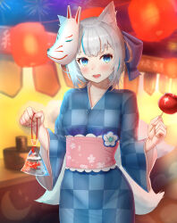 Rule 34 | 1girl, absurdres, animal ears, bag, bagged fish, blue hair, blue kimono, breasts, candy apple, checkered clothes, commentary request, female focus, fish, food, fox ears, fox girl, fox mask, fox tail, highres, indie virtual youtuber, japanese clothes, kimono, kokone no mae, lantern, looking at viewer, masamika10086, mask, mask on head, multicolored hair, multiple tails, obi, open mouth, paper lantern, sash, small breasts, smile, solo, streaked hair, summer festival, tail, upper body, virtual youtuber, white hair, yukata