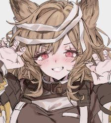 Rule 34 | 1girl, animal ears, aogisa, arknights, bandages, blush, brown hair, ceobe (arknights), claw pose, commentary, dog ears, dog girl, grin, highres, long hair, pink eyes, smile, solo, turtleneck, unfinished