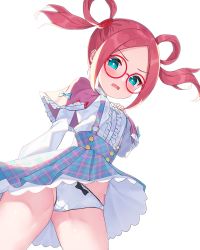 Rule 34 | 1girl, 2drr, blue eyes, blue skirt, blush, bow, bow panties, breasts, cameltoe, capelet, center frills, commentary request, commission, frilled capelet, frills, from below, glasses, hair rings, hand up, highres, long sleeves, looking at viewer, looking down, open mouth, original, panties, pink capelet, pixiv commission, plaid, plaid skirt, pleated skirt, red-framed eyewear, red hair, round eyewear, shirt, simple background, skirt, small breasts, solo, suspender skirt, suspenders, twintails, underwear, wavy mouth, white background, white panties, white shirt, wind, wind lift