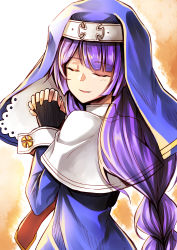 Rule 34 | 1girl, absurdres, bad id, bad pixiv id, black gloves, braid, capelet, clarissa (epic seven), cross, epic seven, closed eyes, facing viewer, fingerless gloves, gloves, habit, highres, iron cross, karadborg, long hair, long sleeves, own hands together, praying, purple hair, red neckwear, simple background, smile, solo, standing, very long hair, wrist cuffs