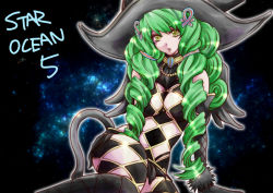 Rule 34 | 1girl, argyle, argyle clothes, argyle cutout, argyle legwear, bad id, bad pixiv id, cat tail, clothing cutout, copyright name, curly hair, fiore brunelli, green hair, hair ornament, hairclip, hat, long hair, revealing clothes, sitting, solo, star ocean, star ocean integrity and faithlessness, tail, tomygrave, wings, yellow eyes