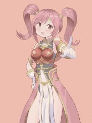 Rule 34 | 1girl, armor, blush, breastplate, brown eyes, circlet, fire emblem, fire emblem echoes: shadows of valentia, fire emblem heroes, gloves, highres, long hair, mae (fire emblem), mikoko1, nintendo, open mouth, pink background, pink hair, simple background, solo, twintails