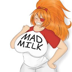 Rule 34 | 1girl, blush, breasts, clothes writing, english text, eyepatch, female focus, grin, hand on own hip, highres, huge breasts, long hair, mega milk, meme attire, orange hair, simple background, smile, solo, standing, team fortress 2, white background, zess (zesty jesus)